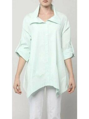Inae Collection Mint Green Button-Down Asymmetrical Hem Shirt Womens S Cotton/Ny